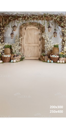 Tło fotograficzne „Wiosenne jasne drzwi z białymi kwiatami i wikliną” | E622